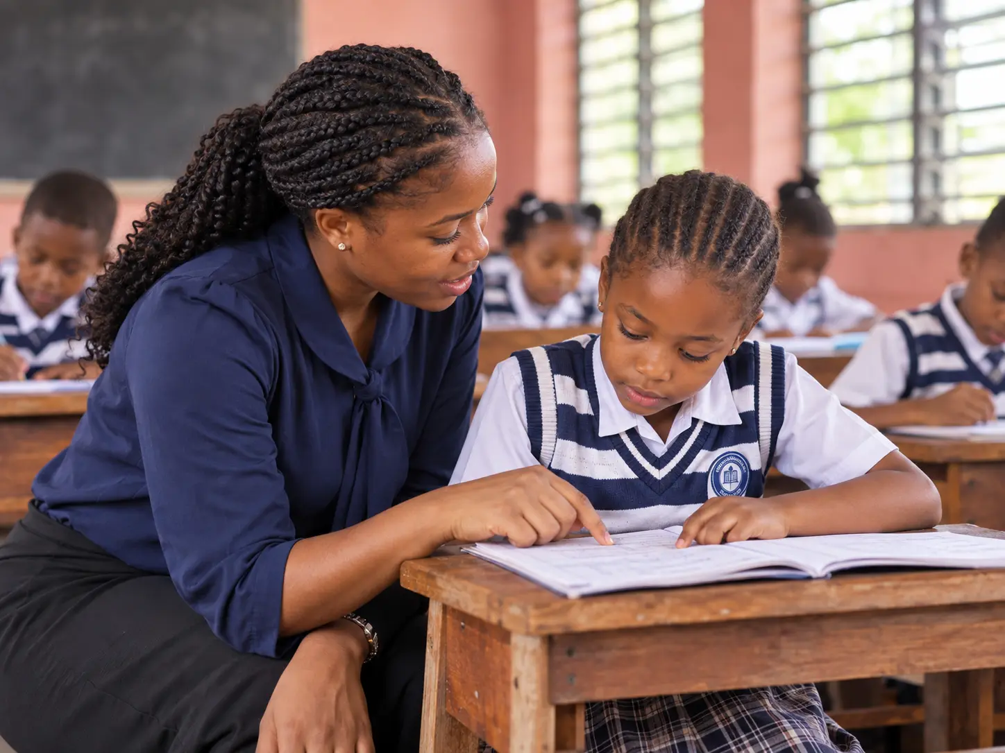 A teacher supporting a pupil in class